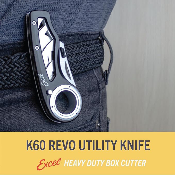 Excel Blades Revo Folding Utility Knife – Heavy-Duty Box Cutter with Aluminum Body, Quick-Change #92 Blades, 3 Lock Positions Design, Anti-Slip Finger Loop Grip, Holster Included – Green