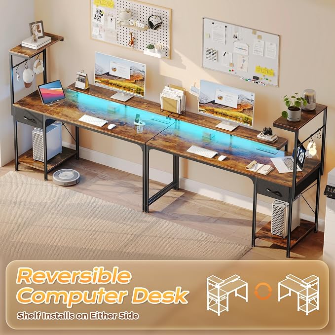 55.1 Inch Gaming Desk with LED Lights & Power Outlets | Computer Desk with Drawer & Storage Shelves, Office Writing Desk with Monitor Stand for Work from Home, Rustic Brown