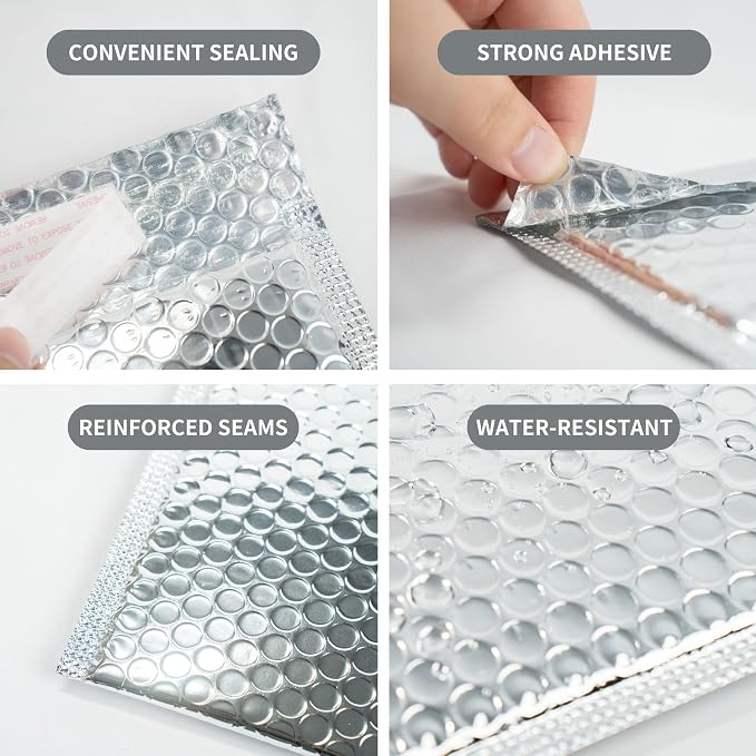 50 Pack 8x10 Inch Insulated Bubble Mailers for Cold Shipping, Silver Foil | Metallic Thermal Padded Shipping Bags with Self-seal Closure, Water-resistant and Protective Bubble Cushioning Envelopes
