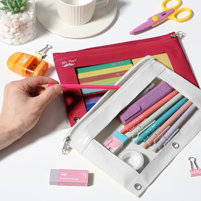 Mr. Pen- Pencil Pouch for 3 Ring Binder, 2 Pack, 10"x6.75", Smooth Zipper | Clear Window, Large Capacity Pencil Case with 3 Reinforced Grommets for School, Office, Supplies Storage | Clear Window, Large Capacity Pencil Case with 3 Reinforced Grommets f...