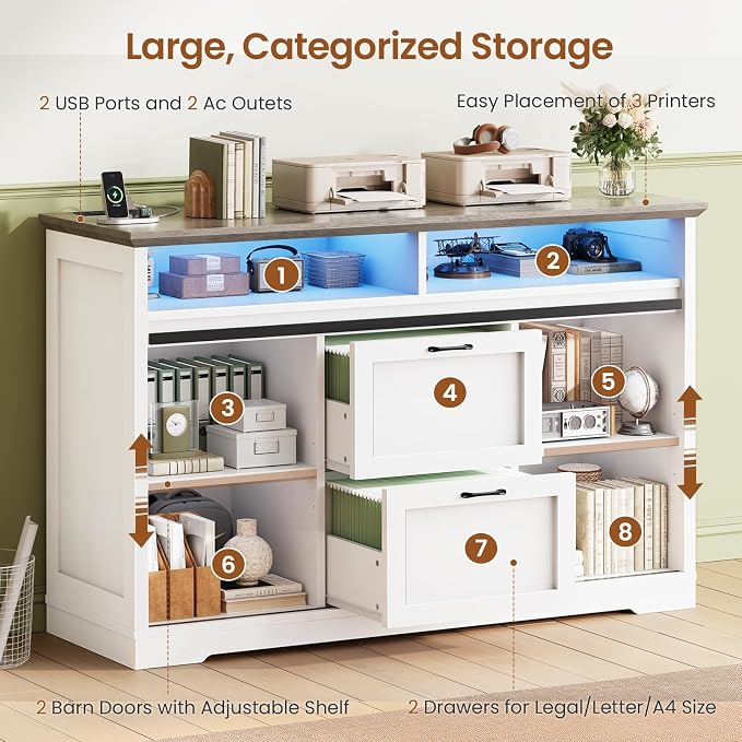 SEDETA 47.2" File Cabinet, 2 Drawers Filing Cabinets for Home Office fit Legal/Letter/A4 File, Farmhouse File Cabinet with Barn Door & Power Outlet, Printer Stand with Storage & LED Light, White+Grey