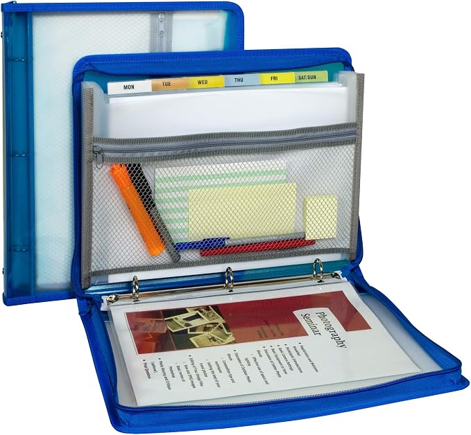 C-Line Zippered Binder with Expanding File, 2" Expansion, 7 Sections, Zipper Closure, 1/6-Cut Tabs, Letter Size, Bright Blue