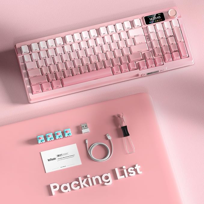 RedThunder K95 Wireless Mechanical Keyboard, TFT Screen & Knob, Triple-Mode, Custom Gasket Mount Hot-Swap, Pre-lubed Linear Pink Switches, RGB Backlit, Side-Printed PBT Keycaps, Gradient Sakura Pink