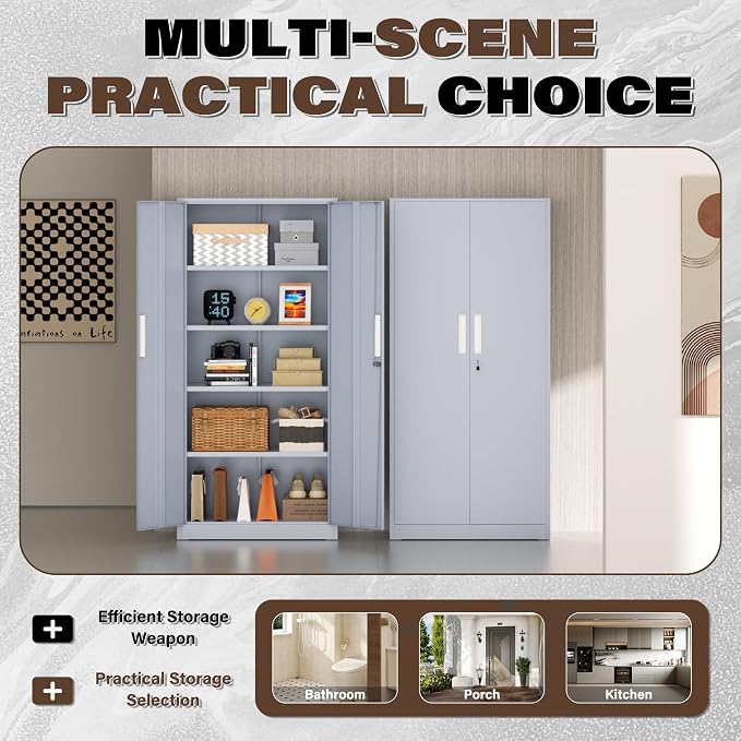 Incbruce 72” Metal Storage Cabinet, Locking Steel Storage Cabinet with 2 Doors and 4 Adjustable Shelves, Tall Lockable Tool for Garage, Home, Office (Cement Grey)