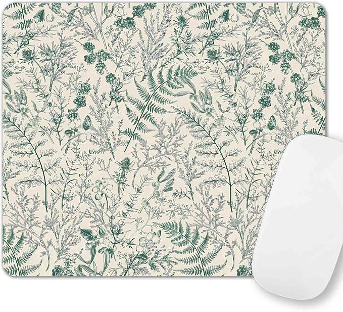 Vintage Botanical Coniferous Branches Mouse Pad, Wild Herbs Plant Mousepad, Square Cute Mouse Pad Design for Office Work, Non-Slip Rubber Gaming Mouse Mat for Computer Laptop, Leaves Aesthetic