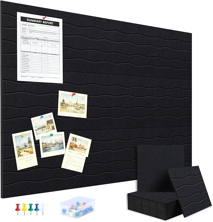 AKONEGE Felt Bulletin Board Tiles 12 Pack, 48" x 36" Cork Board Alternative, DIY Pin Board Wall Tiles for Photo Wall, Vision Board, Dorm Room & Home Office Decor, Stick-On with Adhesive Tabs, Black