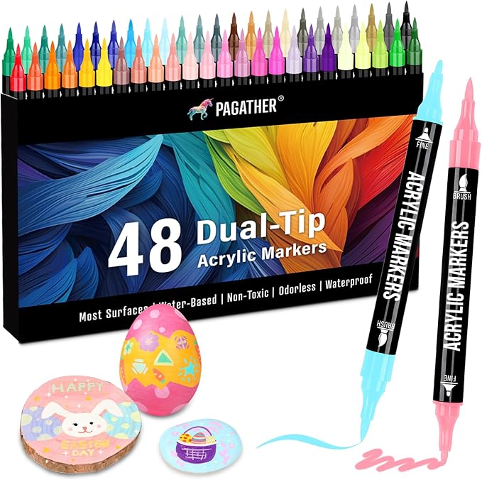 48 Colors Acrylic Paint Markers, Dual Tip with Fine Tip and Brush Tip Pens for Stone, Wood, Calligraphy, Canvas, Ceramic, Metal, Glass, Rock Painting, DIY Crafts