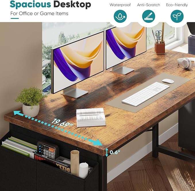 OLIXIS Computer Desk, 47 Inch Gaming Desks for Home Office Small Spaces | Writing Study Craft Work Table, Computer Workstation for Bedroom with Storage Bag, Rustic Brown