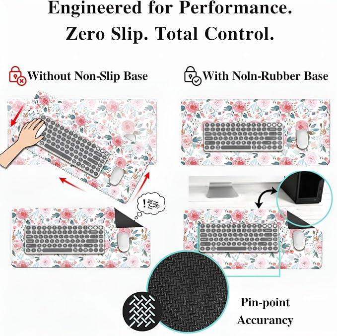 UJoowalk XL Extended Mousepad (35.3 x 15.7 Inch), Large Botanical Desk Mat, Pastel Pink Peony & Green Leaf Design, Waterproof Keyboard Surface, Aesthetic Work Accessories
