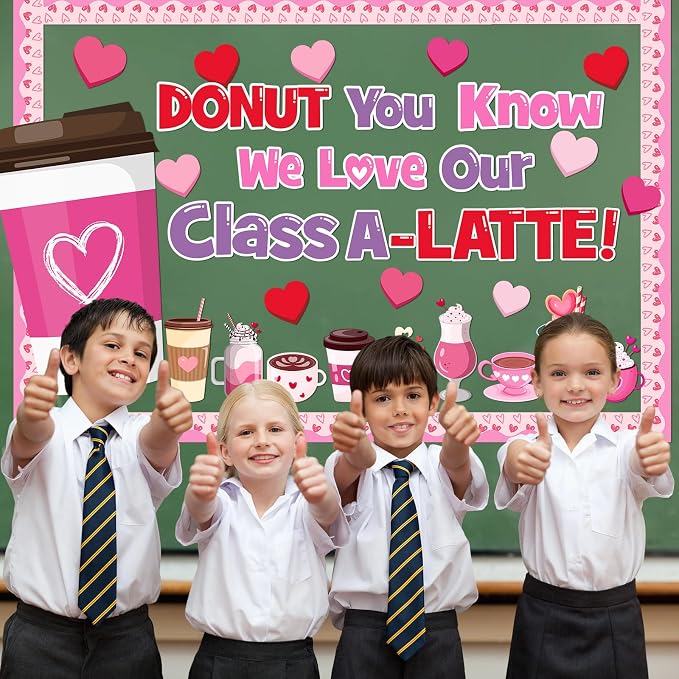 Valentine's Day Latte Bulletin Board Set Coffee Theme Classroom Decoration Valentines Coffee Cup Heart Motivational Paper Cutouts for School Classroom Party Chalkboard Wall Decor Teacher Supplies