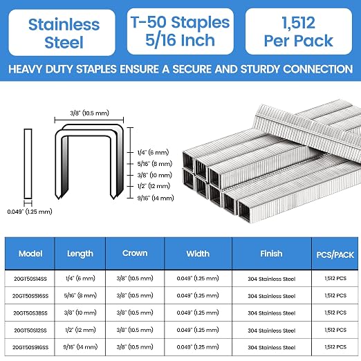 meite T50 Stainless Steel Staples Marine, 5/16 Inch Heavy Duty Staples for Staple Gun - 20 Gauge 3/8 Inch Crown T50 Upholstery Staple for Salt Water, Marine Applications (1 Case)