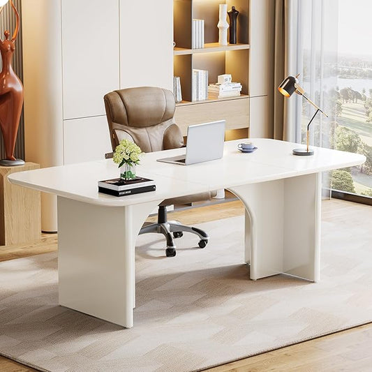 Tribesigns Modern White Desk, Large Minimalist Executive Office Computer Desk Writing Study Makeup Vanity Table Workstation with Arch Design Legs, 63 x 31.5 inch