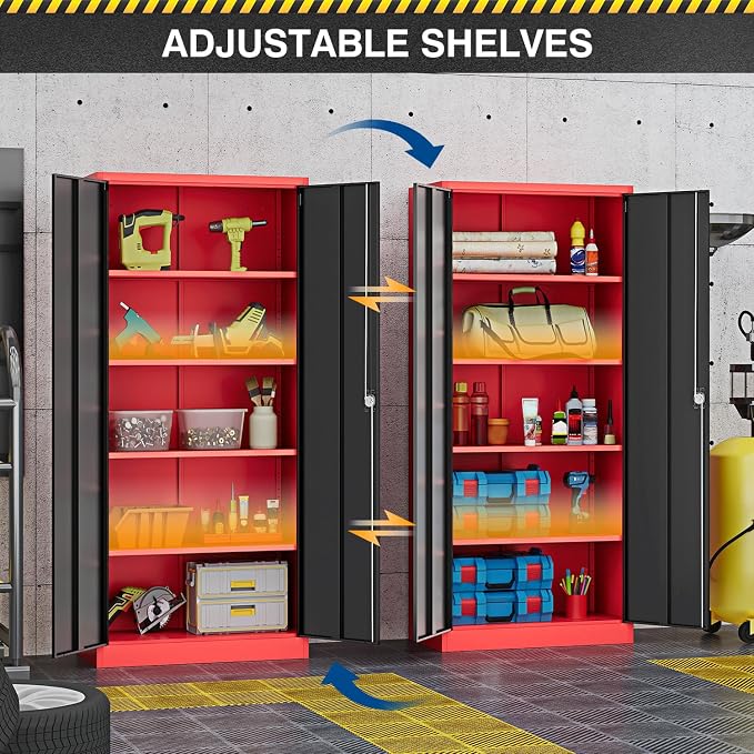Fesbos Metal Storage Cabinet-72” Tall Steel File Cabinets with Lockable Doors and Adjustable Shelves-Black&Red Steel Storage Cabinet for Kitchen, Office, Garage