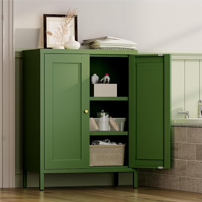 YAUWOH Small Metal Cabinet, Storage Cabinet with 2 Adjustable Shelves and 2 Doors,Freestanding Sideboard for Small Spaces, Living Room, Home Office, Dining Room(1PC,Forest Green)