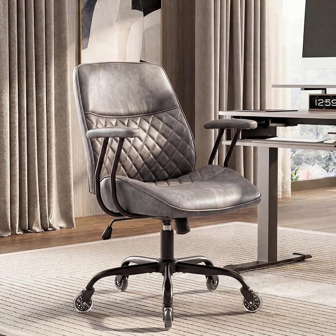 NEO CHAIR Leather Office Chair with Ergonomic Design, Swivel Chair, Grey | Modern Computer Desk Chair with Genuine Leather, Lumbar Support, Removable Arms, Comfy Chair for Home Office, Smooth Rolling