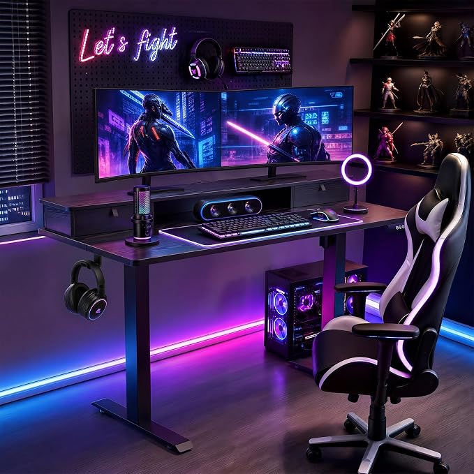 Veken 55x26 in Electric Standing Desk with Drawers, Adjustable Table, Black | Stand up Computer Desk for Home Office, Work & Study, with Storage, 3 Memory Presets, Cable Organizer, Hook, and Quiet Lift.