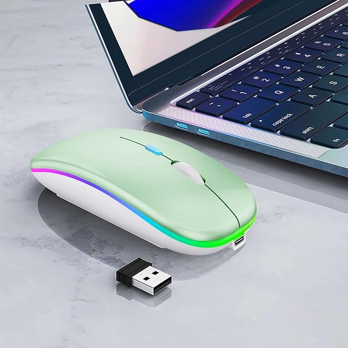 Wireless Bluetooth Mouse Rechargeable Laptop Mice with LED Lights Silent Slim Use(BT5.2 and 2.4G Portable USB Receiver)Dual Mode Computer Mouse for Laptop/iPad/Tablet/Apple/Computer/Mac(Green)