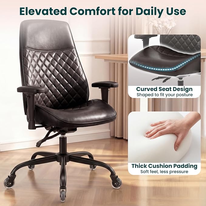 NEO CHAIR Dark Brown Leather Office Chair Ergonomic Design, Swivel Chair | Modern Computer Desk Chair with Lumbar Support, Adjustable Height Arms, Comfy Chair for Home Office, Smooth Rolling Design