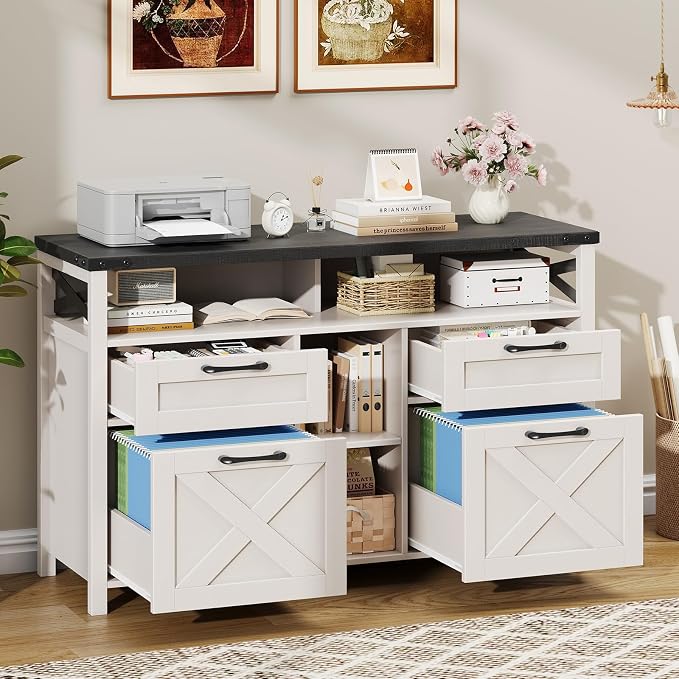 Halitaa File Cabinet with Open Storage Shelf for Home Office, Black | Farmhouse, Lateral Filing Organization Storage Cabinets, 4 Drawers, Adjustable Shelf, Hanging Files Letter/A4