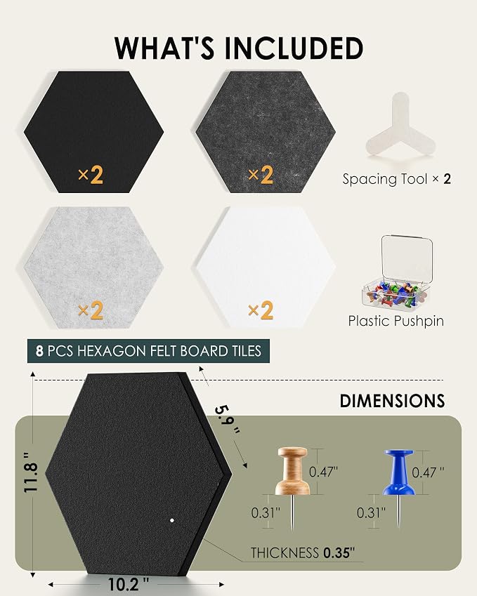 MaxGear Hexagon Bulletin Board, 8Pcs Wall Panels Office Decor Gradual Grey | Large Cork Boards For Walls Alternative, Hexagon Felt Wall Tiles Vision Board Pictrure Room Wall Decor With Push Pins