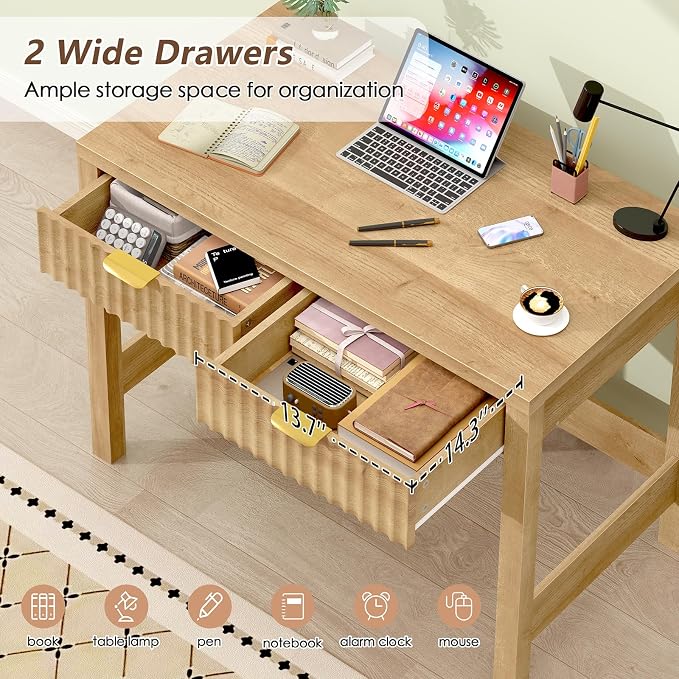 32 Inch Small Fluted Computer Desk with 2 Drawers for Bedroom, Home Office | Small Wooden Computer Desk with Storage, Compact Writing Study Vanity Desk for Small Spaces, Oak