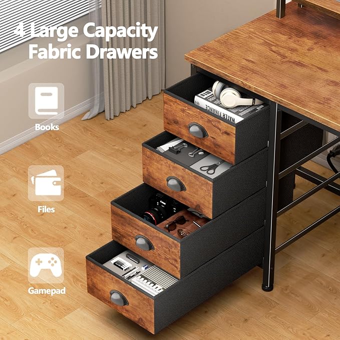 Furologee Computer Desk with Power Outlets & Monitor Stand, 47 Inch Reversible Gaming Desk with LED Lights & 4 Fabric Drawers, Writing Work Table for Home Office, Bedroom, Rustic Brown