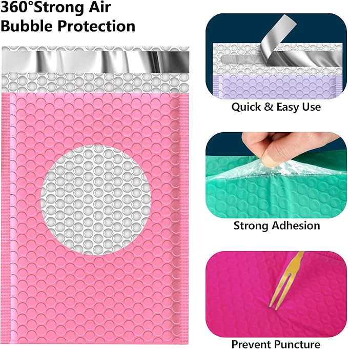 JinRuiKJ Multicolored2 Bubble Mailers 4x8" 50 Pack, Padded Envelopes, Cushioning Padded Shipping Envelopes for Jewelry, Makeup - Pink, White, Green, Purple, Rose Red
