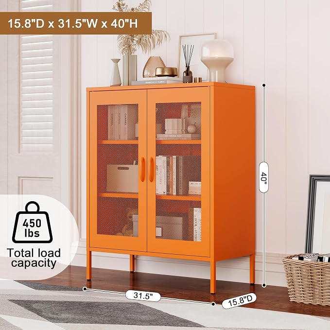 Chshin Metal Locker Storage Cabinet with 2 Mesh Doors and Adjustable Shelves,Orange Metal Locker Cabinets,Coffee Bar Cabinet,Kitchen Pantry Storage Cabinets for Home,Sideboard,Office(40" H)