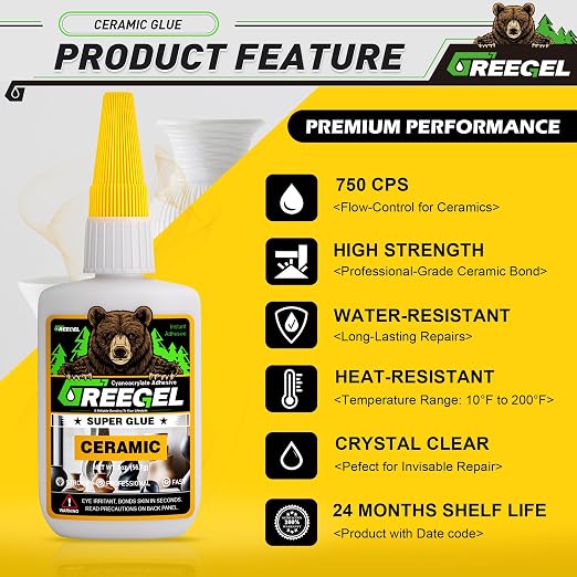 Ceramic CA Glue, Porcelain Clear Super Glue for DIY & Repairs, 2 oz | All-Purpose Clear Instant CA Adhesive for Pottery, Tiles, Porcelain, Home Repairs, Industrial Strength, Ceramic Glue