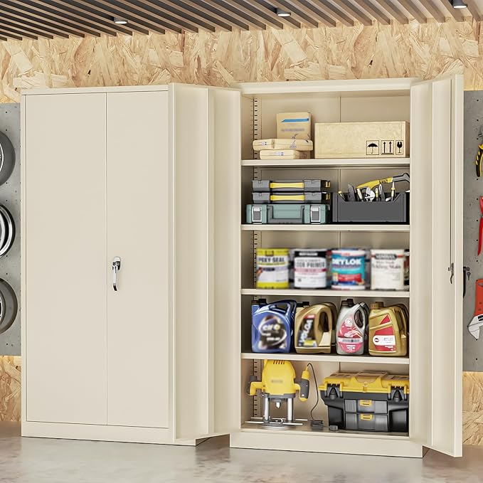 Metal Storage Cabinet, 72” H Storage Cabinet with 2 Doors and 4 Adjustable Shelves for Office, Home, Garage, Pantry (Assembly Required, Grey)