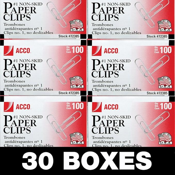 ACCO Paper Clips, 1 Size, Economy, Non-Skid, 30 Boxes, 100/Box