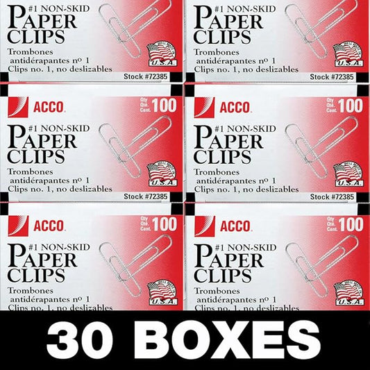 ACCO Paper Clips, 1 Size, Economy, Non-Skid, 30 Boxes, 100/Box