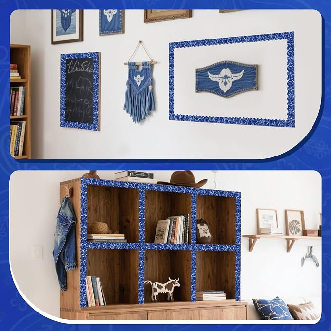 BeYumi Cowboy Bandana Border Trim - 65ft Back to School Western Themed Blue Bandana Scalloped Rolled Border Trim Wild West Themed Bulletin Board Set Classroom Office Chalkboard Wall Party Decoration