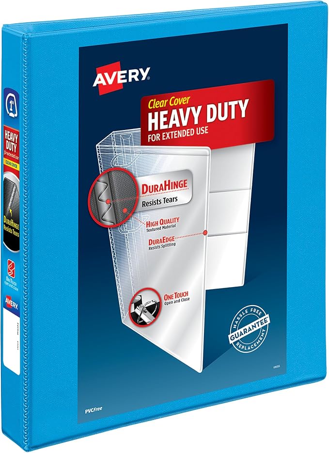 Avery Heavy-Duty View 3 Ring Binder, 1" Rings, 1 Light Blue Binder | For Heavy School, Home and Office Use, DuraHinge Tear-Resistant Spine, DuraEdge Split-Resistant Sides, Nonstick