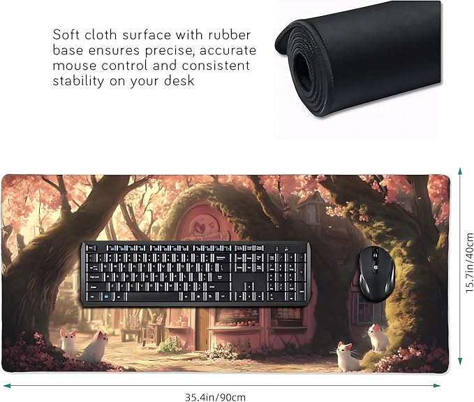 Cute Anime White Cat Gaming Mouse Pad, Pink Dreamy Desk Mat with Anti-Slip Base & Stitched Edges, Office Supplies & Desk Decor for Women, 35.4" x 15.7" in Home Office
