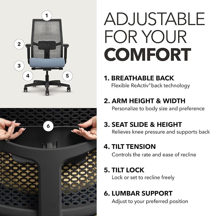 HON Ignition 2.0 ReActiv Ergonomic Office Chair, Lumbar Support, Blue | Ergonomic office desk chair with lumbar support, adjustable arms, office decor, advanced tilt for workstation comfort