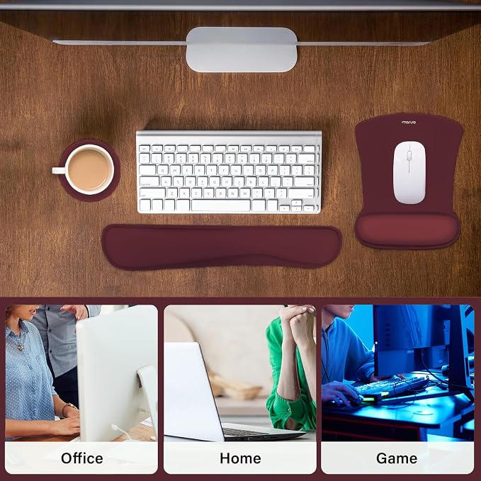 MOSISO Wrist Rest Support for Mouse Pad&Keyboard Set, Wine Red | Ergonomic Mousepad&Coaster Non-Slip Base Home/Office Pain Relief&Easy Typing Cushion with Neoprene Cloth&Raised Memory Foam