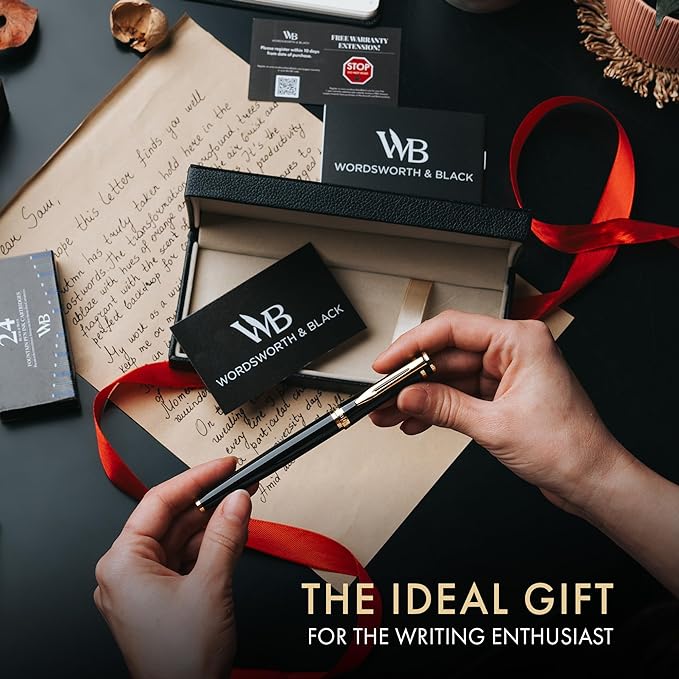 Wordsworth & Black Fountain Pen Set for Writing,Extra Fine Nib, Black | Gift for Men & Women, Brass Body, 18K German Iridium, Calligraphy, Converter + 24 Ink Cartridges, Refillable, Leak-Free
