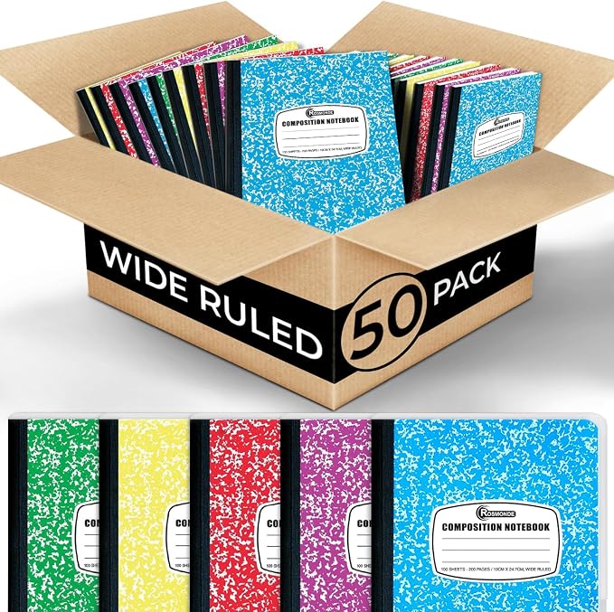 50 Pack Composition Notebooks Bulk Wide Ruled, Bulk Notebook | Bulk Marble Composition Notebook, 200 Pages (100 Sheets), 9-3/4 x 7-1/2, Hard Cover, Bulk Notebooks for Office & School