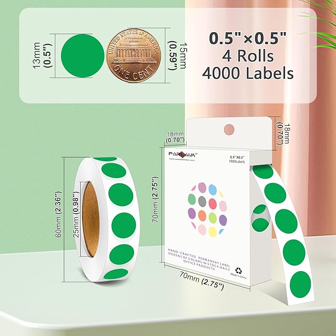 PARLAIM 4000 Pack Green Dot Stickers, 1/2 inch Round Circle Label 4 Rolls Permanent Adhesive Color-Code Sticker Labels in Dispenser Box