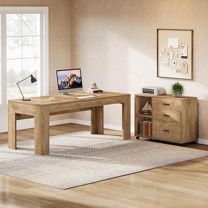Tribesigns 63" L Shaped Desk with Storage, Executive Office Desk with Mobile Lateral File Cabinet Combo, Large Computer Table with Drawers and Shelves, Business Furniture Set for Home Office, Brown