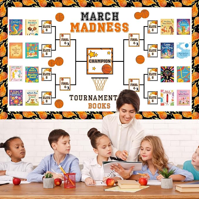 Basketball Tournament Bracket Bulletin Board Set Madness Basketball Tournament of Books Classroom Decoration Reading Themed Paper Cutouts for Back to School Bulletin Board Nursery Door Decor Supplies