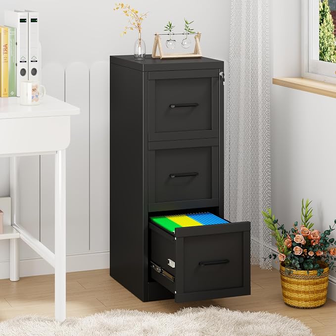 3 Drawer Metal File Cabinet with Lock,Narrow Vertical Filing Storage Cabinets,Steel File Organization for Legal/Letter/A4/F4 Size with Hanging Files,Lockable File Folders for Home Office, Black