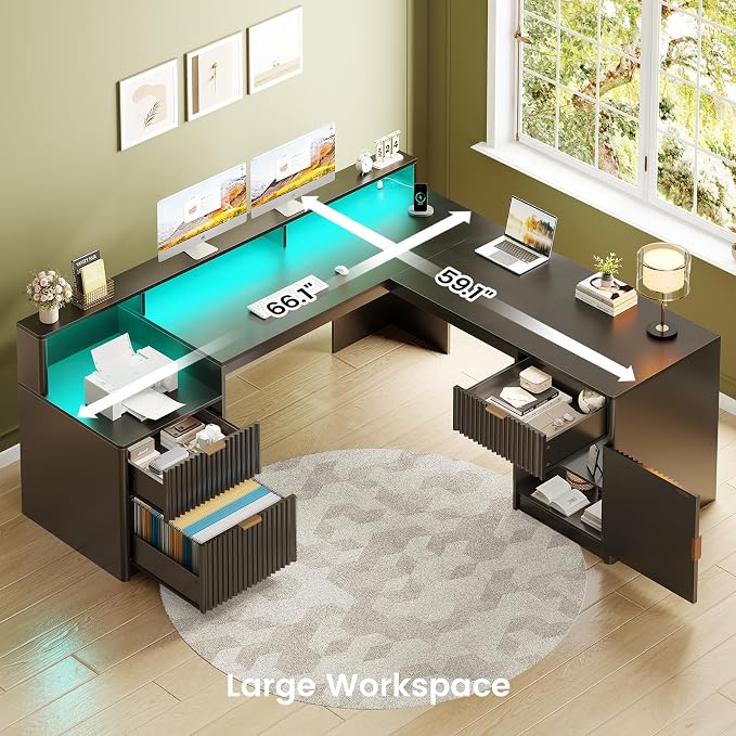 SEDETA 66" Modern L Shaped Desk with Drawers, Fluted Home Office Desk with File Cabinet & Printer Shelf, Wood Executive Desk with Monitor Stand, Power Outlets, Led Lights, Black