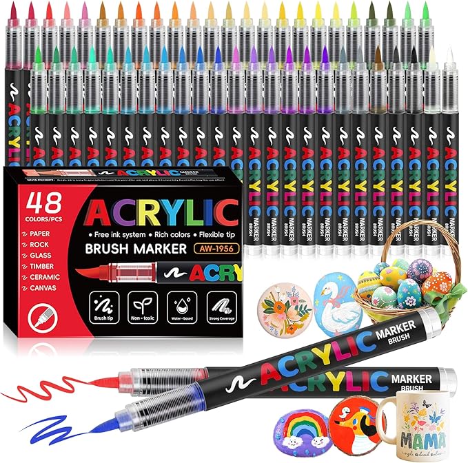 Acrylic Paint Markers Brush Tip,48 Colors Paint Pens Acrylic Markers Set,Watercolor Paint Markers for Wood,Paper,Plastic,Glass,Fabric,Vibrant marcadores acrílicos (48 Colors)
