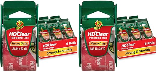 Duck HD Clear Packing Tape with Dispensers - 6 Rolls of Strong Heavy Duty Packing Tape for Shipping and Moving,Boxes and Packaging - 1.88 in. x 22.2 Yards - 1.5" Core - Clear (287732),(Pack of 2)