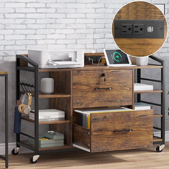 SEDETA 44" File Cabinet with Lock, Filing Cabinet fits Legal/Letter Size | Rustic Brown Lateral 2 Drawer Filing Cabinets for Home Office with Lock, Power Strip, 6 Storage Shelves, Wheels and 4 Hooks