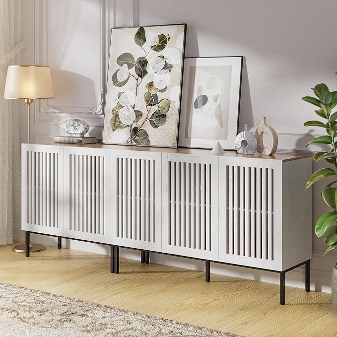 BVIUNTWO 79" Farmhouse Buffet Cabinet with Metal Base, Adjustable Shelves & 5 Doors, Antique White Storage Sideboard for Kitchen, Dining & Living Room