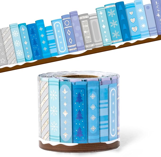 BeYumi Snowflake Bookshelf Border Trim - 65ft Winter Snowflake Books Rolled Border Trim Christmas Gray Blue Bookshelf Bulletin Board Set Library Classroom Office Chalkboard Home Wall Party Decoration