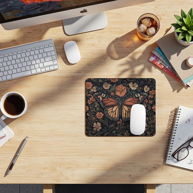 Moody Floral Butterfly Mouse Pad, Dark Contemporary Botanical Butterfly Mouse Pads Mousepad for Desk Home Office Dorm Laptop, Gothic Nature Desk Accessories, 9.5x7.9 Inch